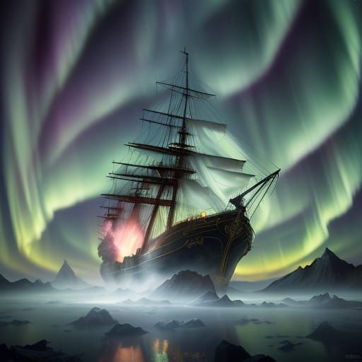 Ghost Ship of Mist and Starlight in Aurora Sky