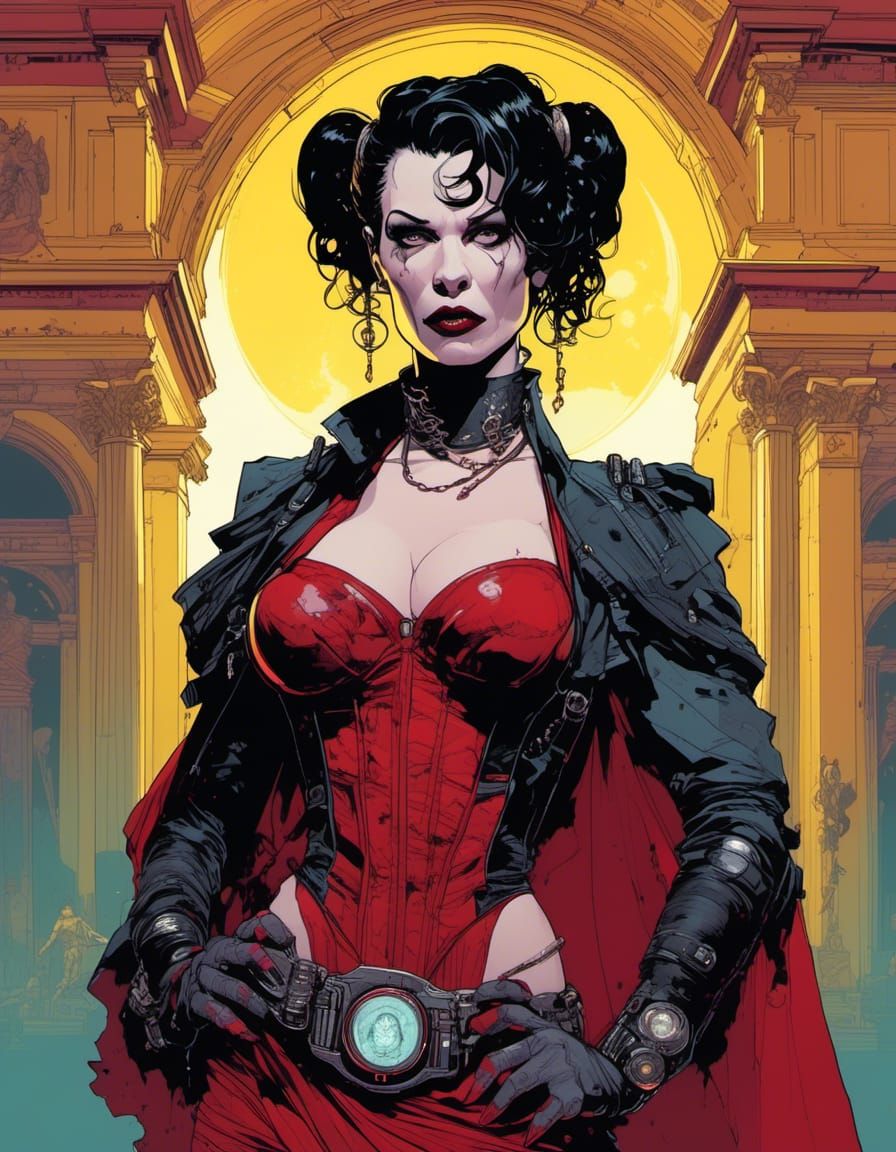 Cyberpunk Vampire Domina Portrait in Dimly Lit Villa