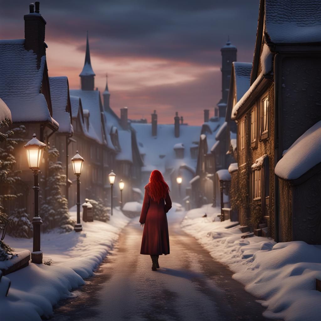 Snowy Village at Dusk: Photorealistic Matte Painting