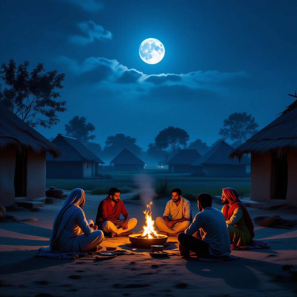 Indian Village Chopal at Night, Realistic Style