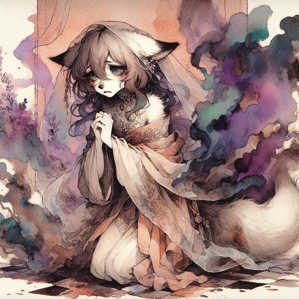 Emotional Fox in Anime-Gothic Ink Painting