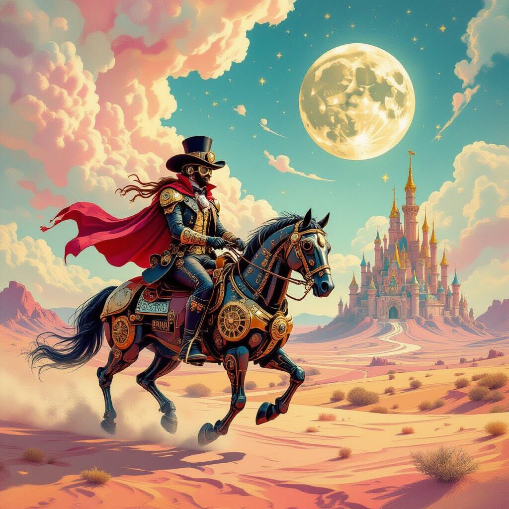 Steampunk Cowboy Rides Mechanical Horse in Candy Desert