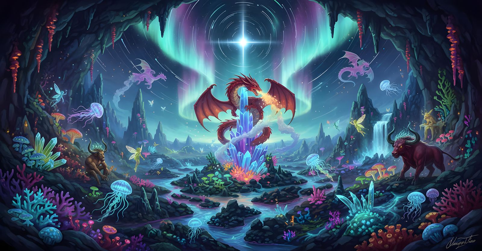 Crimson Dragon Amidst Bioluminescent Fairies and Mythical Cr...