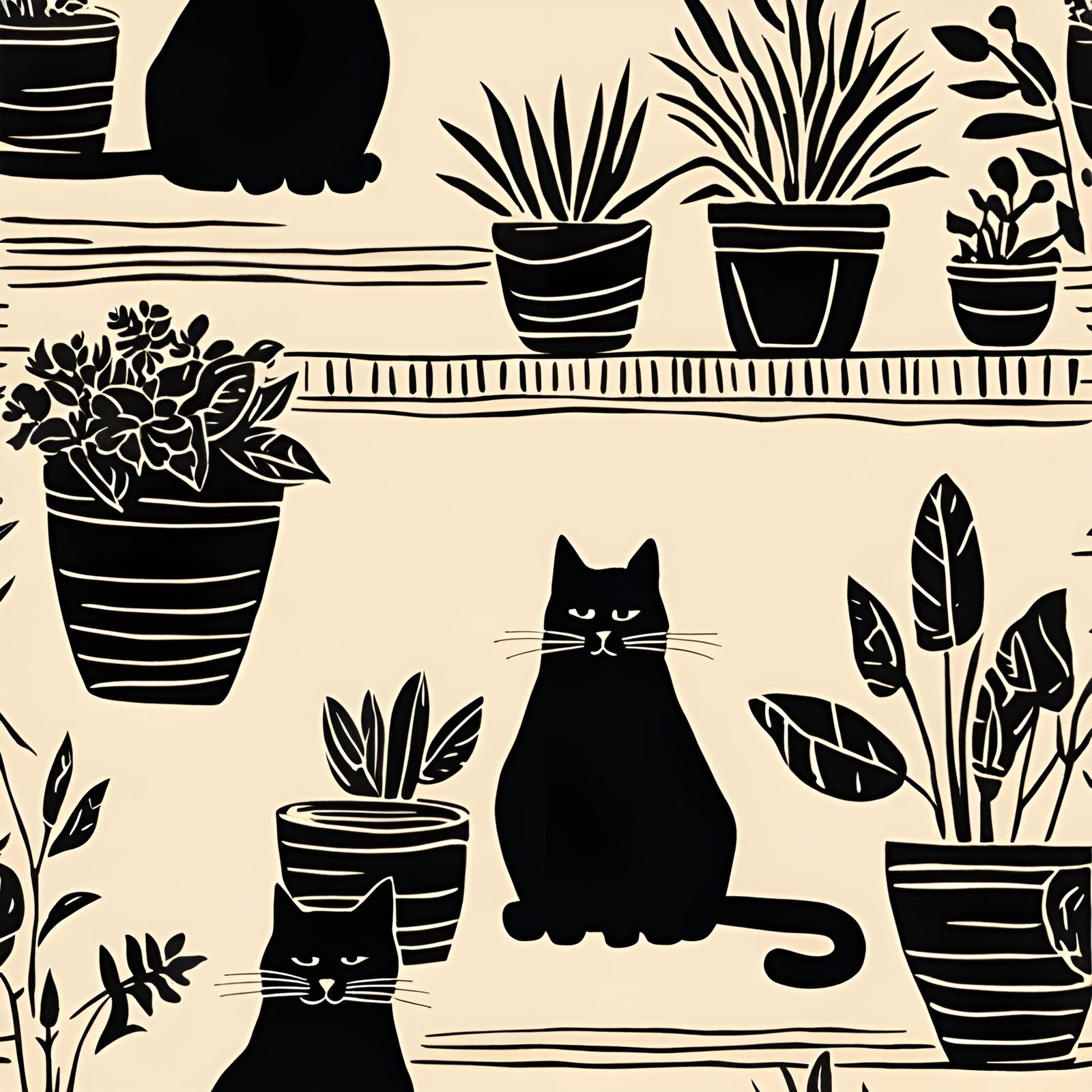Boho Cat Silhouette Linocut with Plants