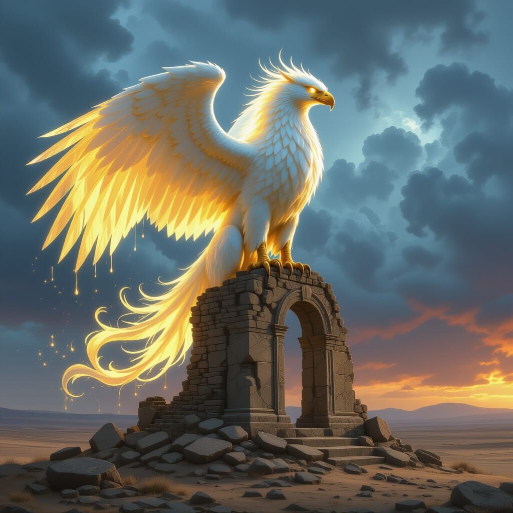 Griffin with Liquid Gold Feathers on Ancient Ruins