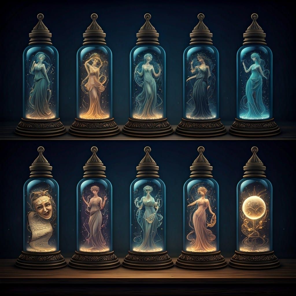 Muses of Greek Mythology Trapped in Ornate Glass Bottles