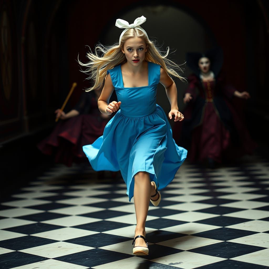 Gothic Fantasy Alice Fleeing Queen of Hearts in Dark, Cinema...