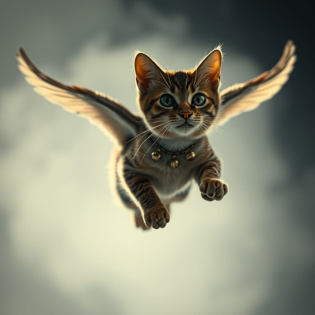 Hyperrealistic Flying Cat with Bells in Misty Air