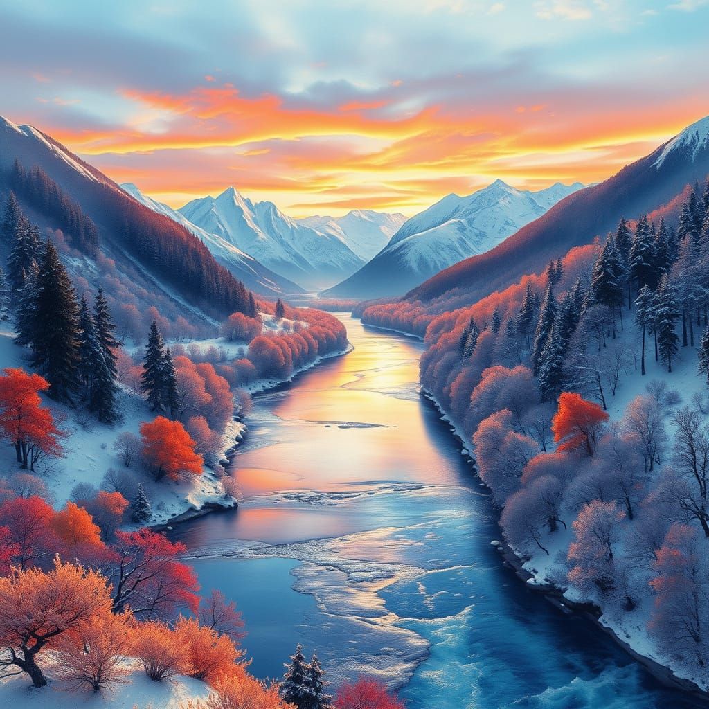 Snowy Autumn Mountain Landscape, Watercolor Style