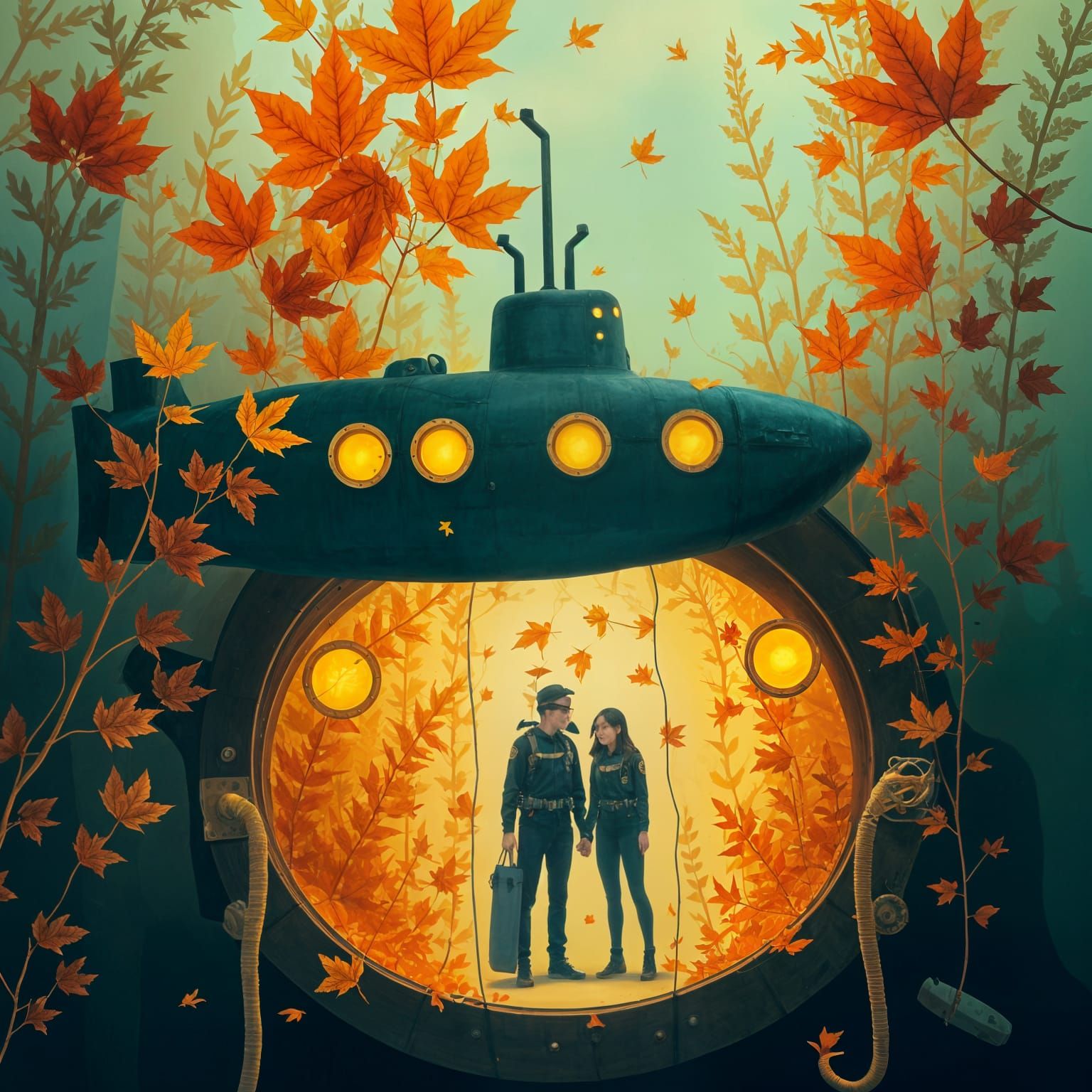 Submarine Glides Under Golden Kelp Forest