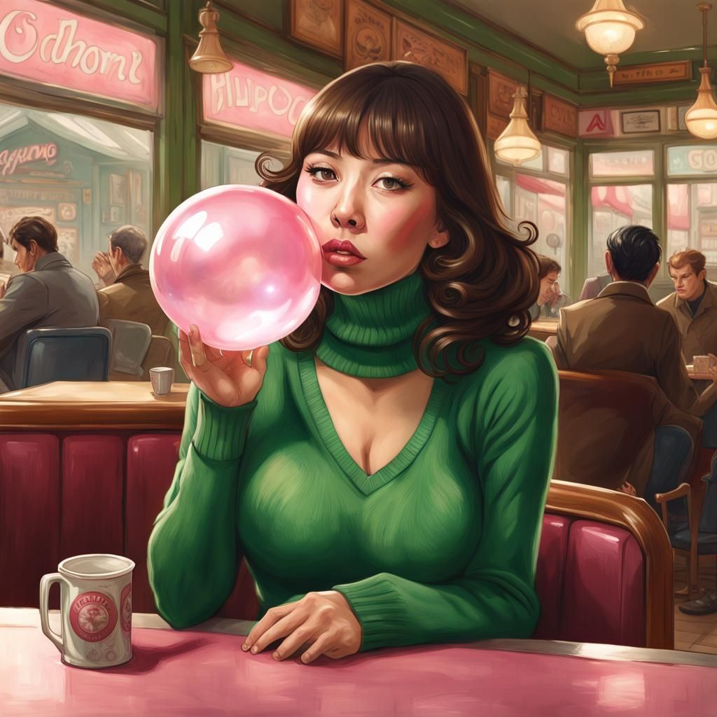 Woman Blowing Bubblegum: Hyperdetailed Portrait
