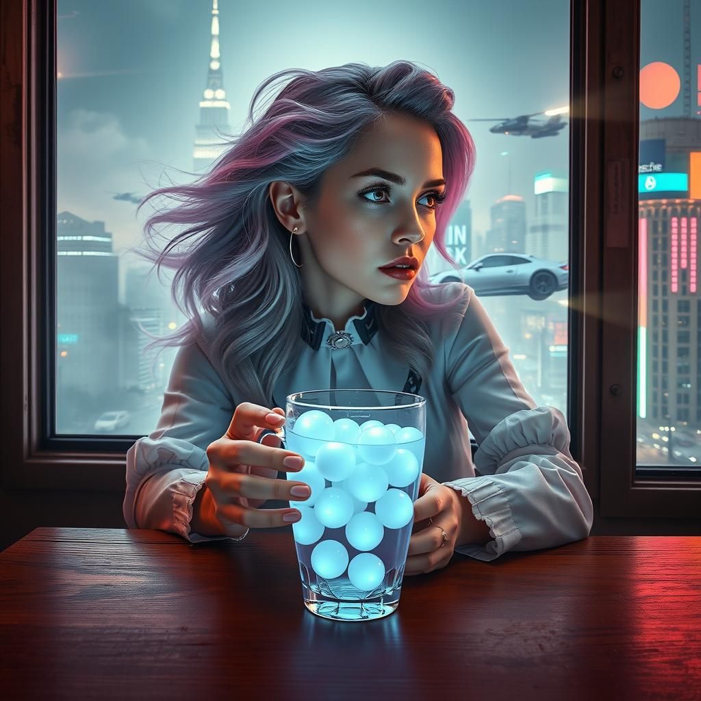 Cyberpunk Woman in Cafe with Holographic Details