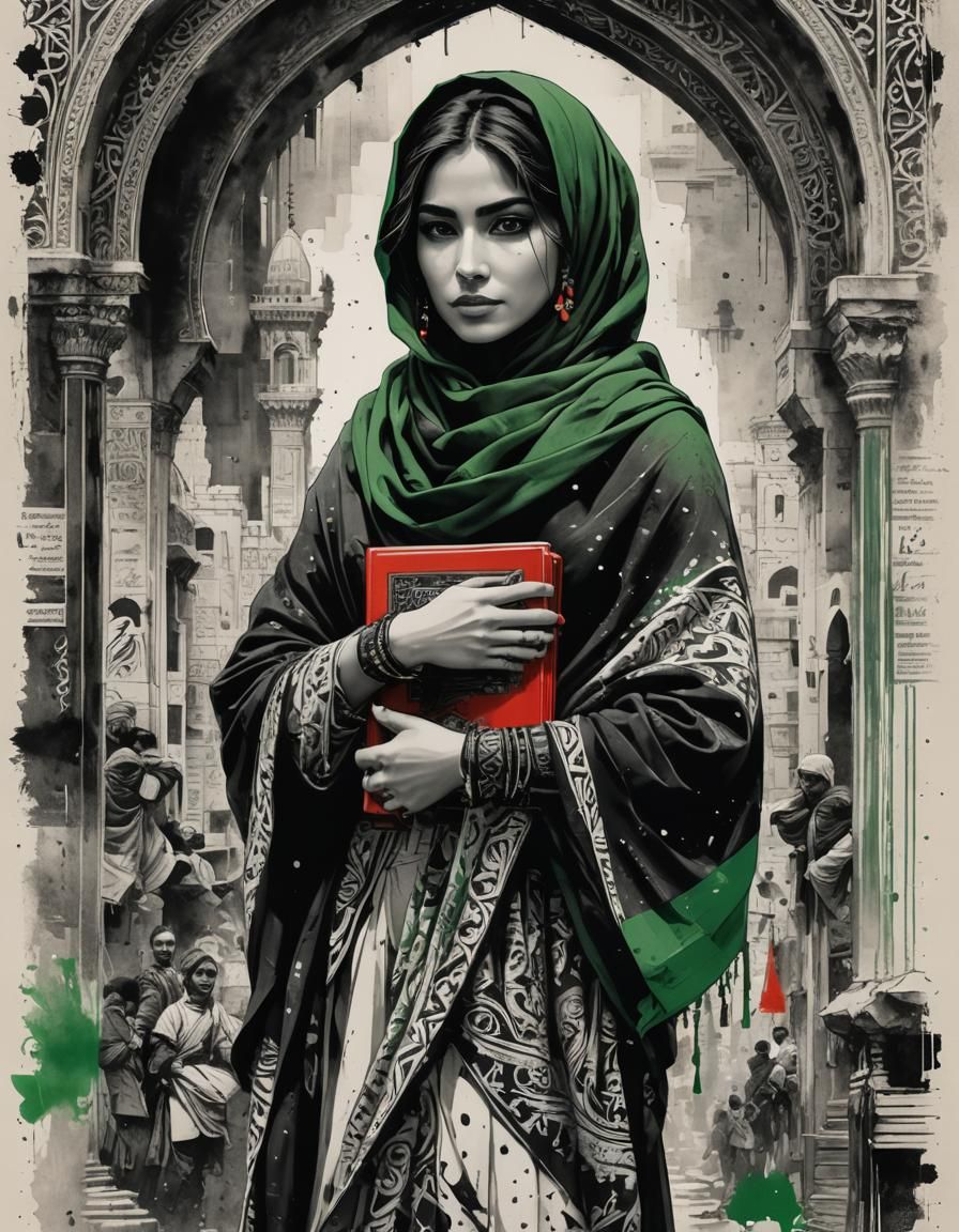 Striking Portrait of Palestinian Woman in Ink Drawing Style