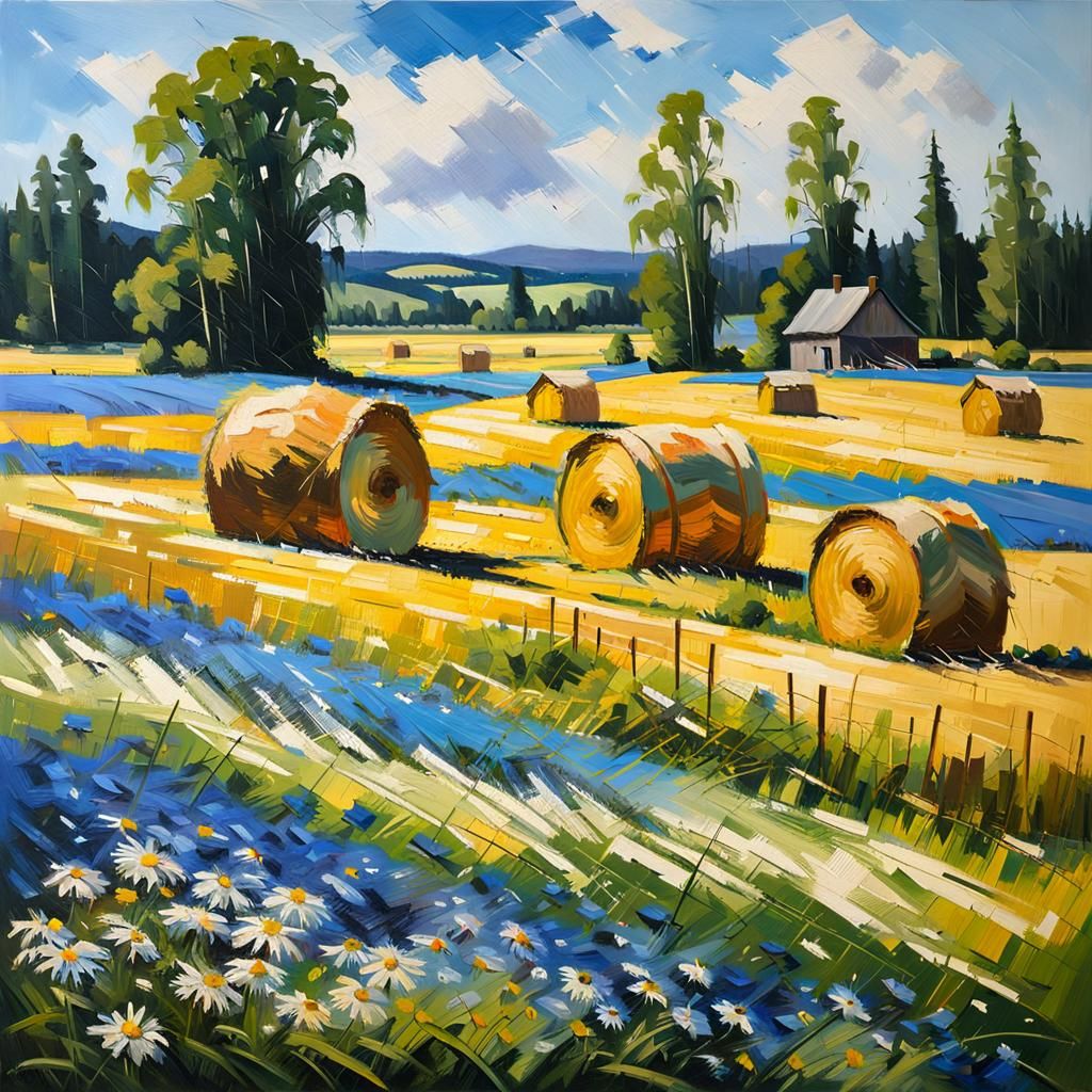 Haystacks and Wildflowers: Oil Painting with Vivid Colors