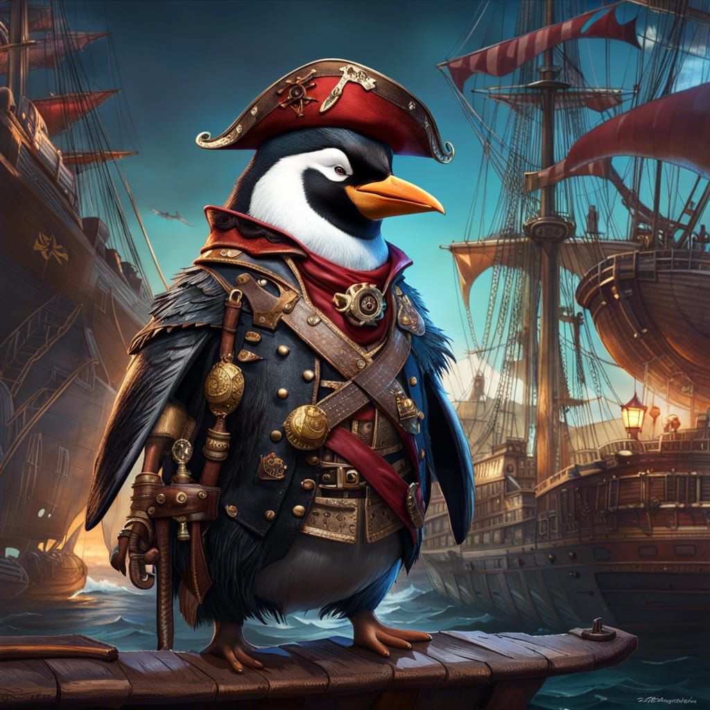 Pirate Penguin on Ship, Detailed 3D Art