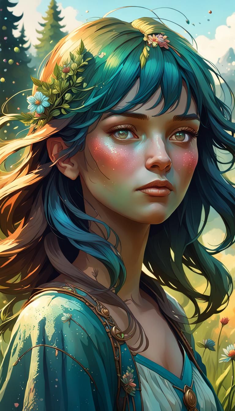 Detailed Portrait in Grassy Meadow, Art Nouveau Style