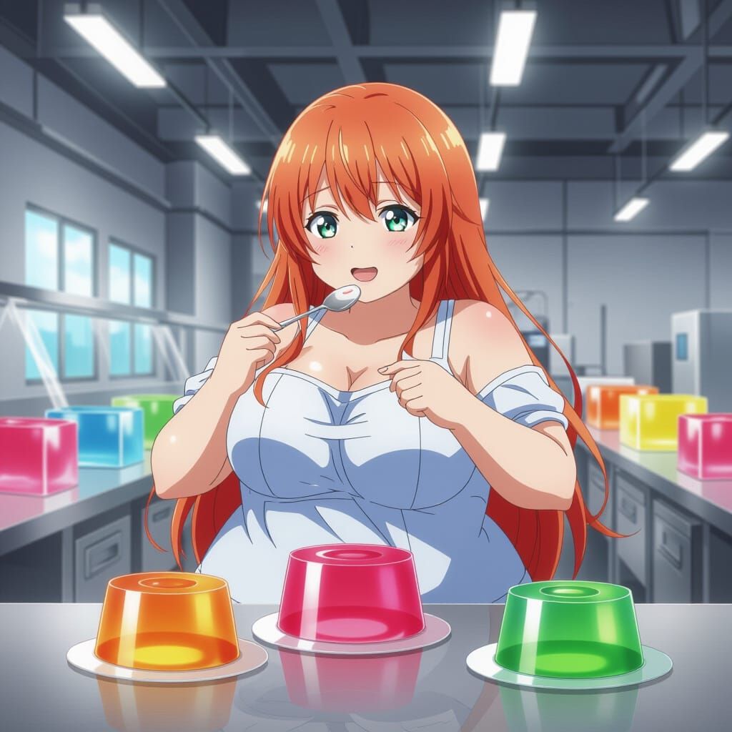 Anime Girl Enjoying Jell-O in Factory Setting
