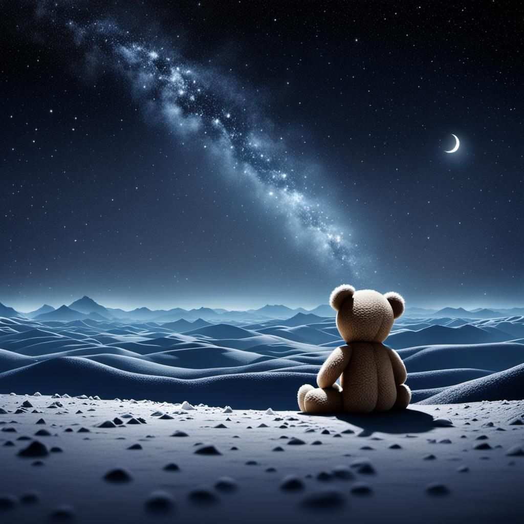 Teddy Bear in Moonlit Night Landscape
