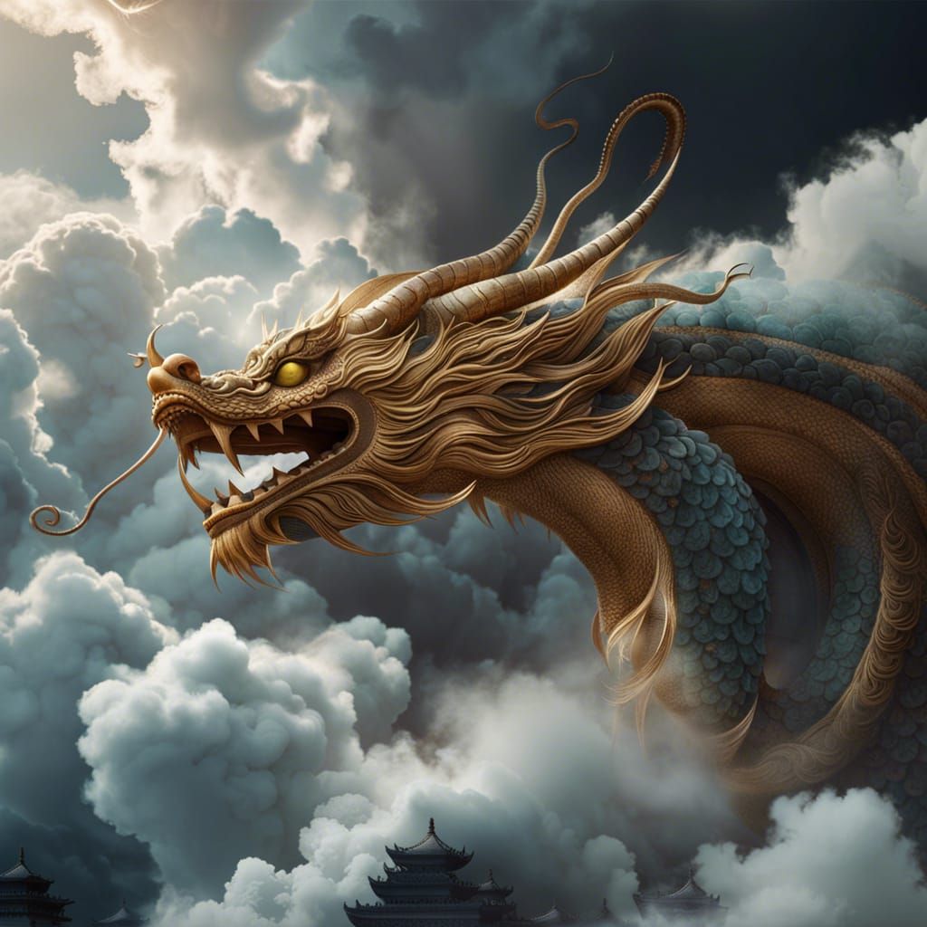 Detailed Chinese Dragon Dissolving into Clouds