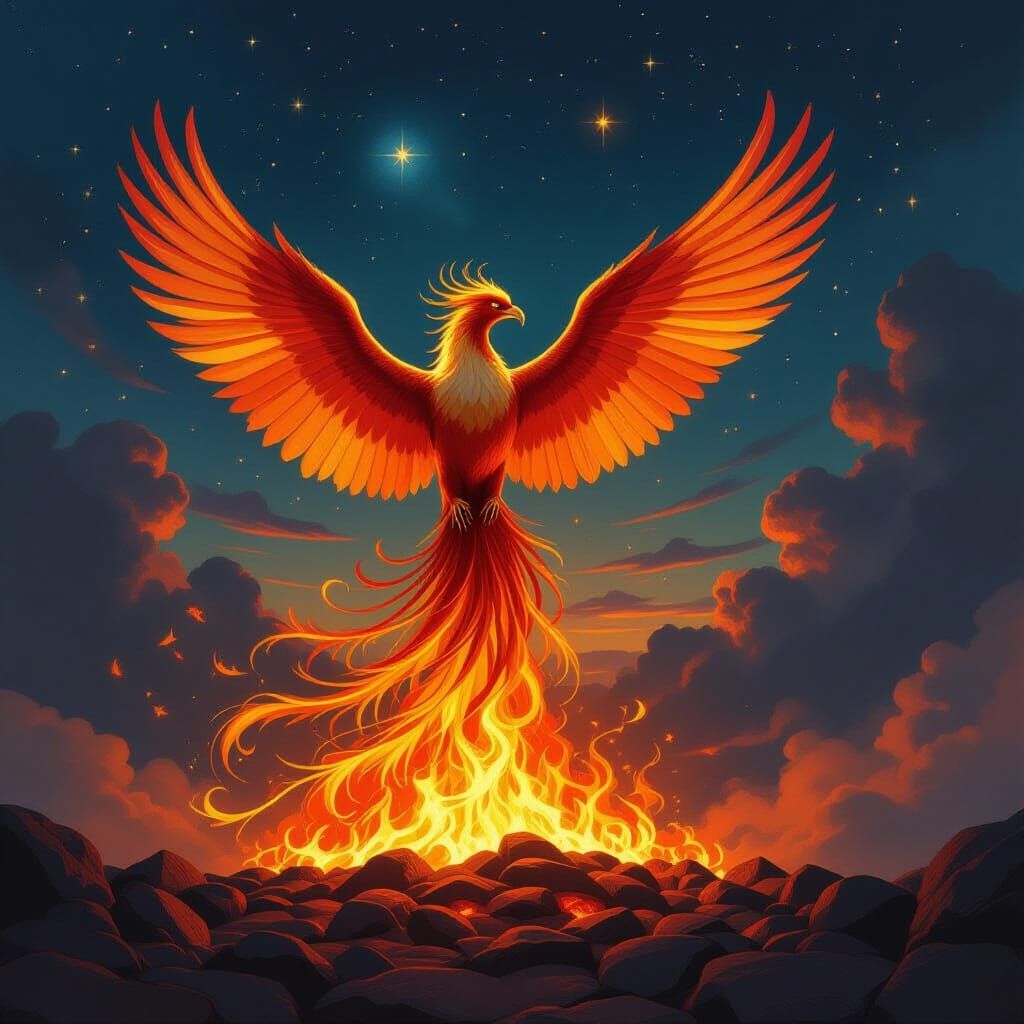 Majestic Phoenix Rises Amidst Fiery Embers and Cosmic Sky
