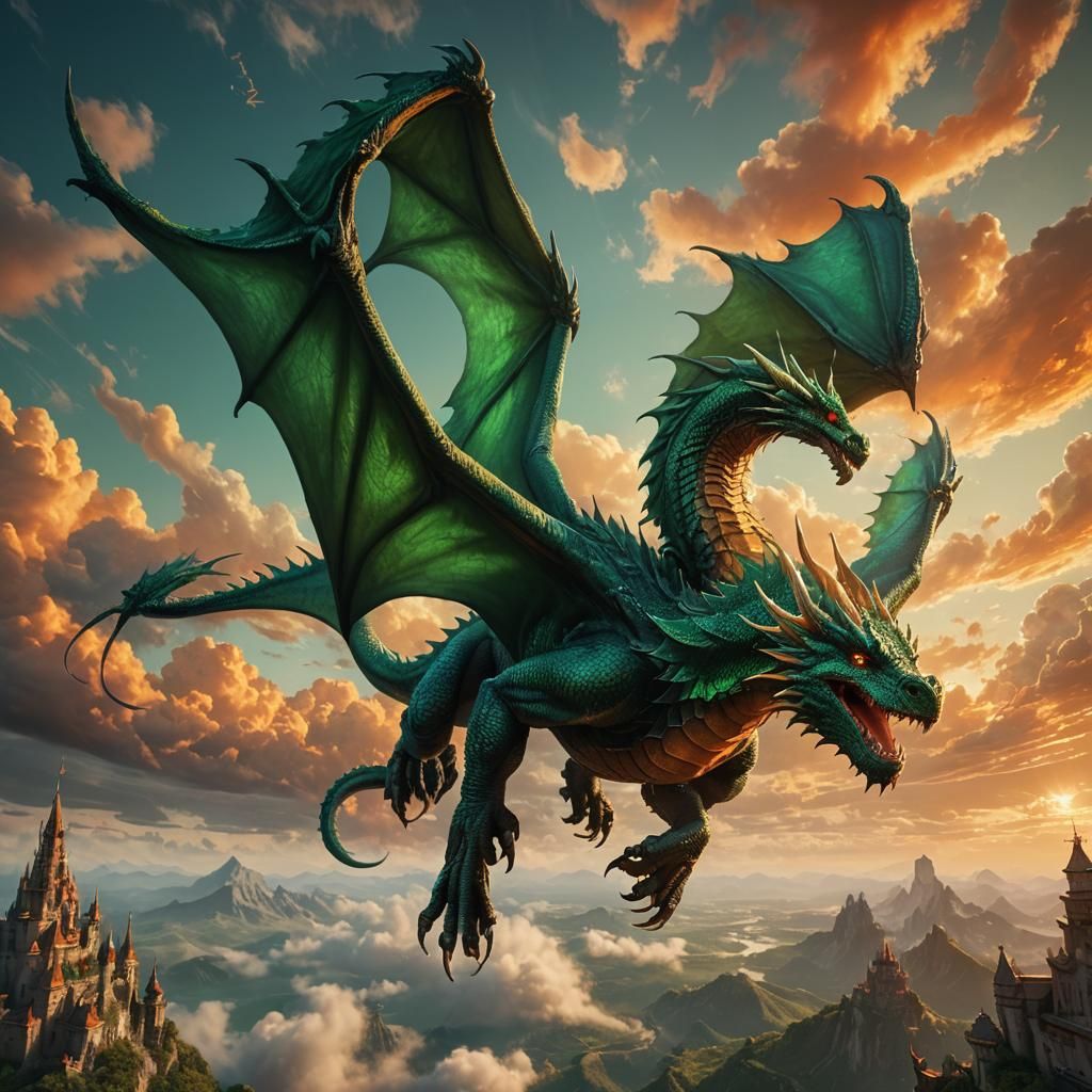 Emerald Dragon in Fantasy Landscape, 3D Illustration