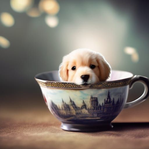 Puppy Peeks Out From Teacup: Digital Matte Painting