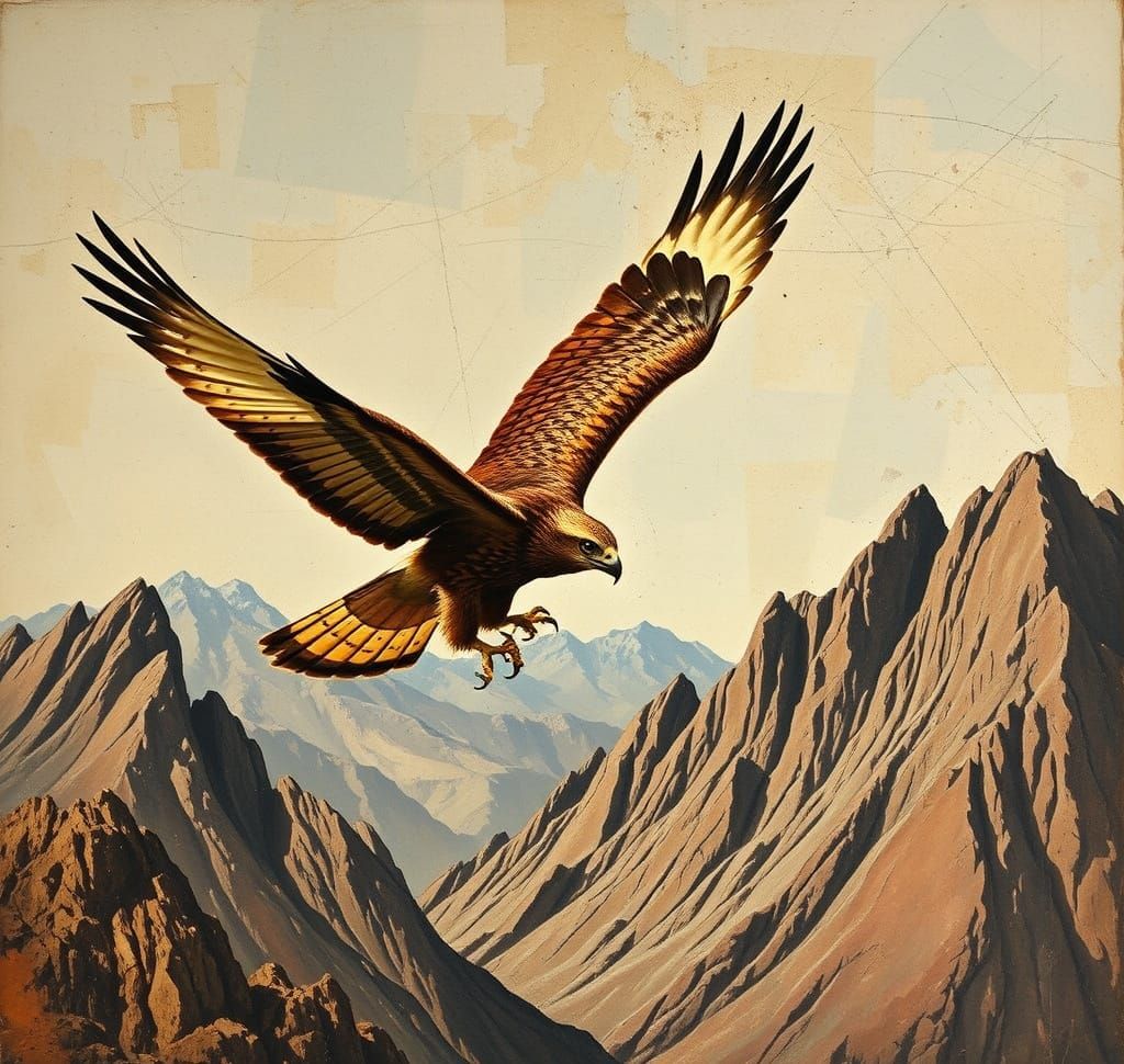 Hawk in Flight: Collage and Neo-Expressionist Mountain Scene