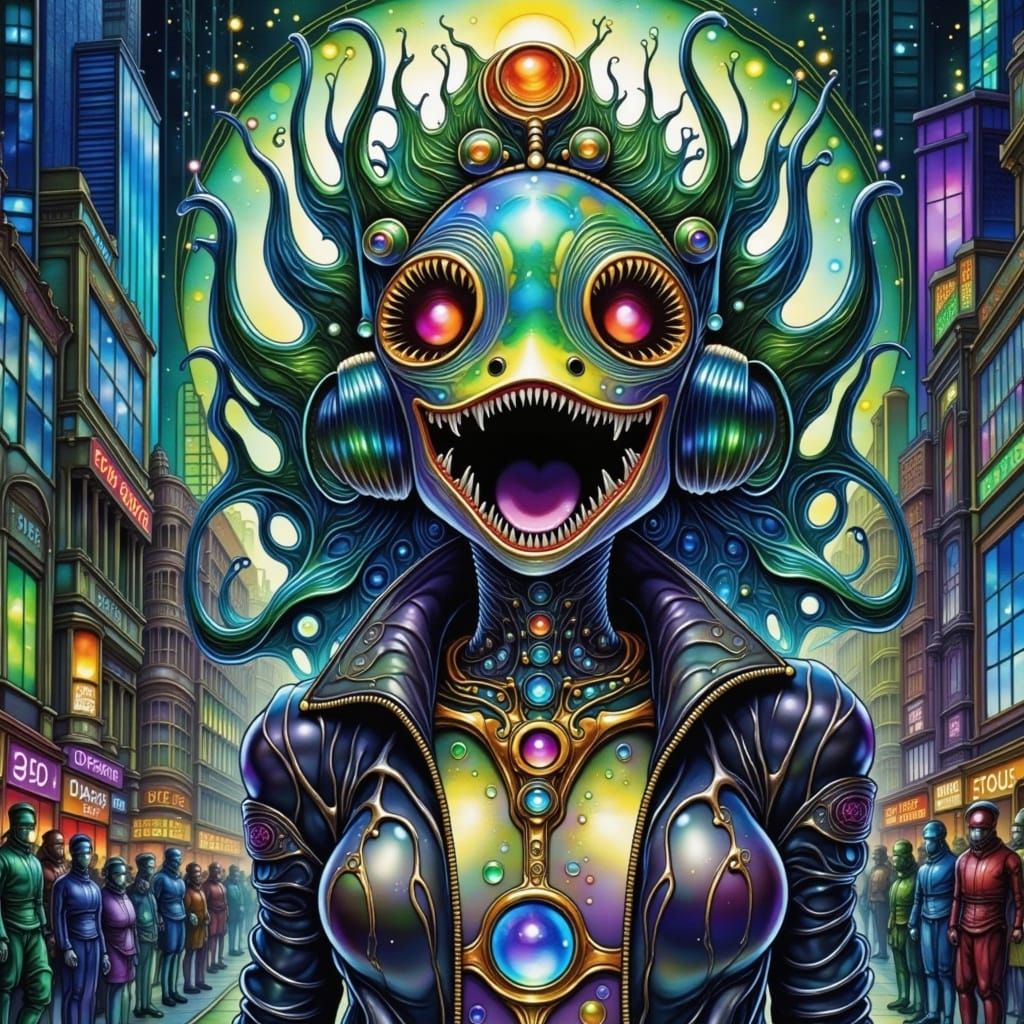 Audrey II & Lo Pan Hybrid in Neon 80s Cityscape