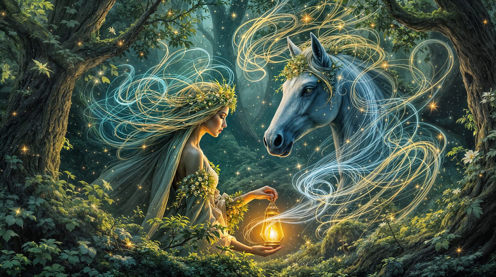 Enchanted Forest Scene in Whimsical Digital Art Style