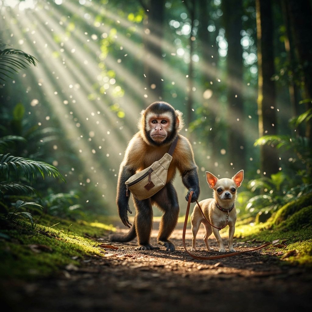 Capuchin Monkey Walks Chihuahua on Jungle Path