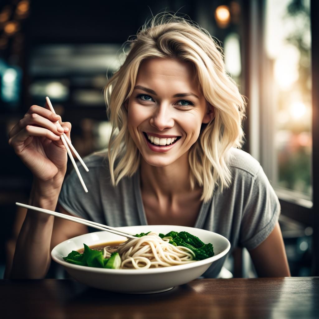 Smiling Blond Woman Happily Eating Pho