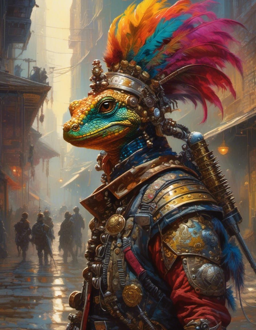 Lizard Punk in Dystopian Slum: Digital Watercolor Art