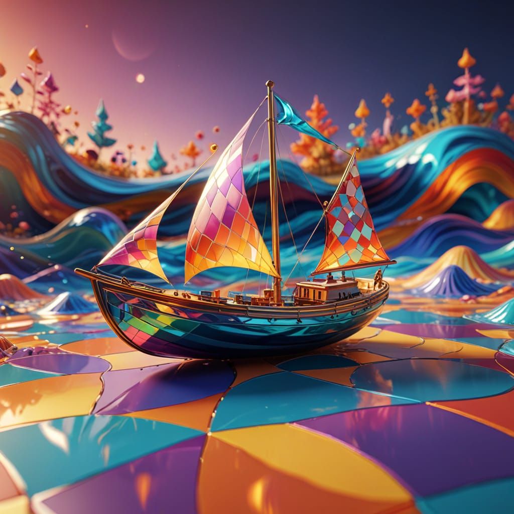 Psychedelic Sailing Boat in Vibrant, Swirling Colors
