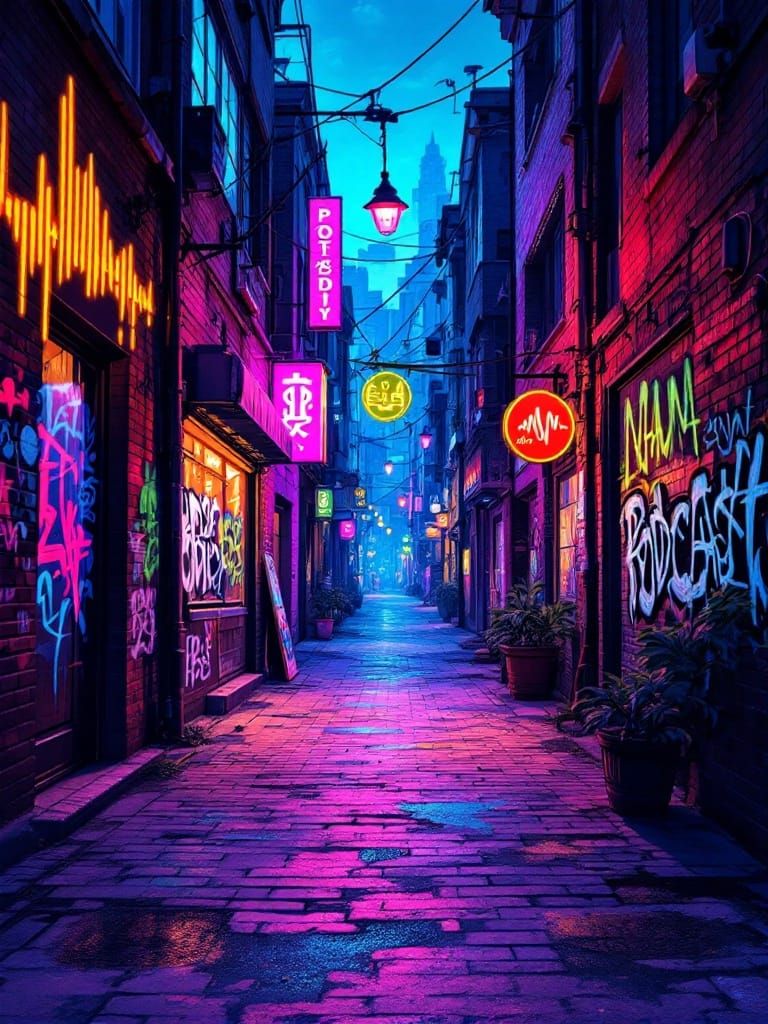 A digital illustration in neon colors depicting podcasting gear as graffiti in an urban setting. The scene features a vi...