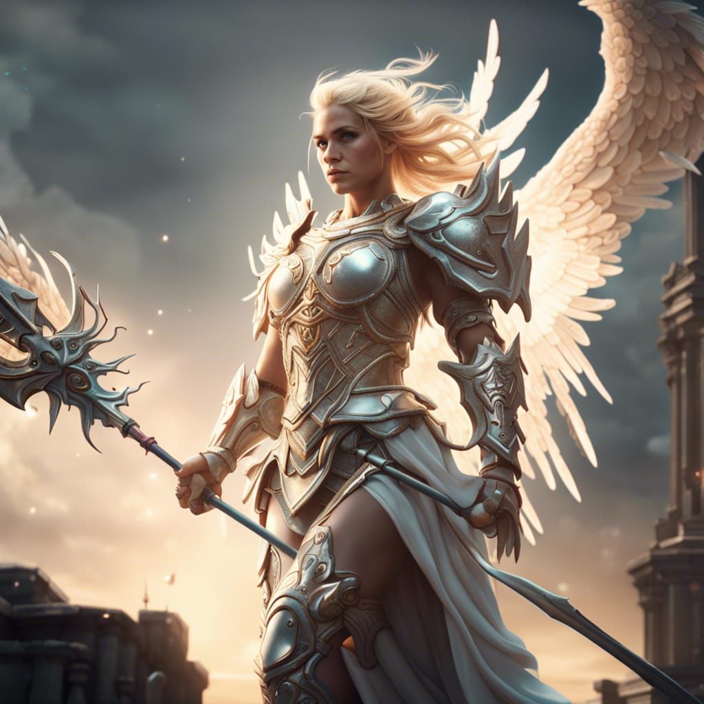 Blonde Angel in Heaven with Spear: Detailed Matte Painting
