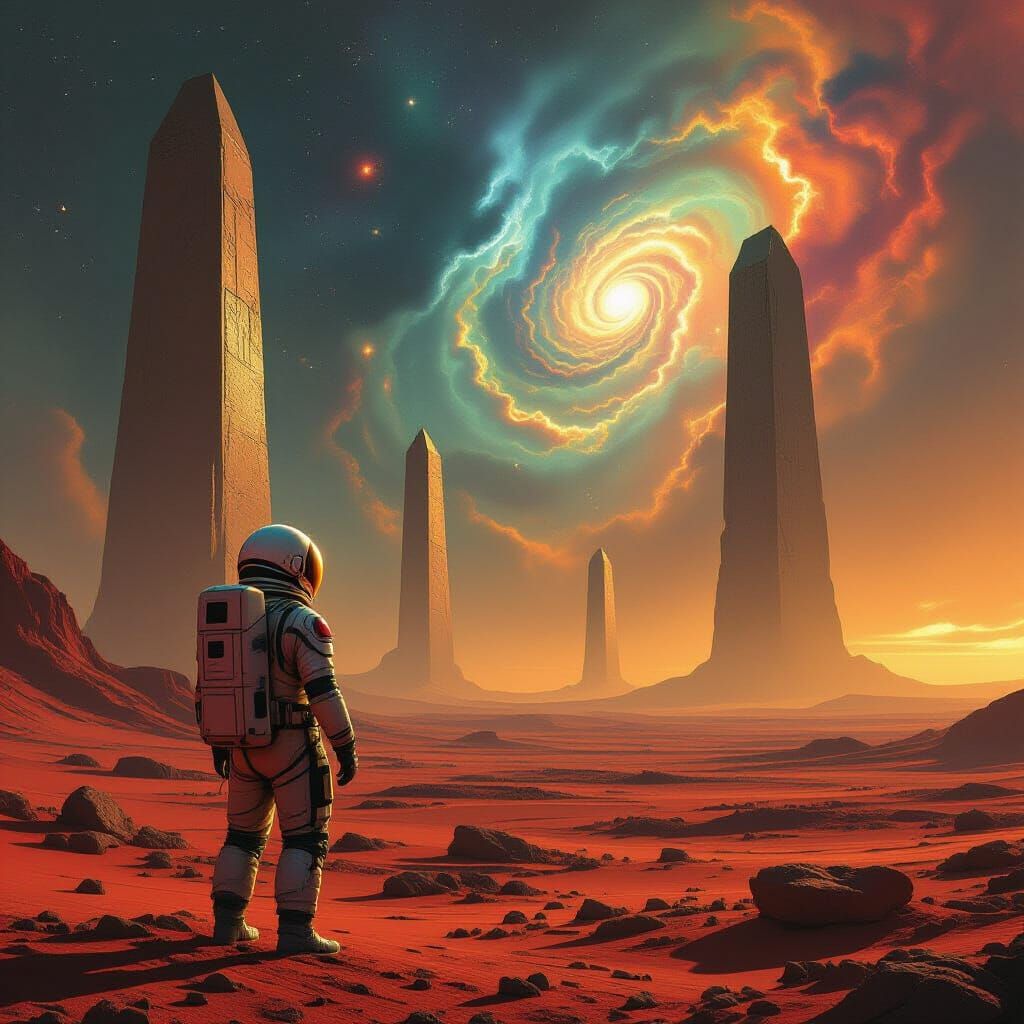 Astronaut Gazes at Alien Sky with Nebulae and Obelisks