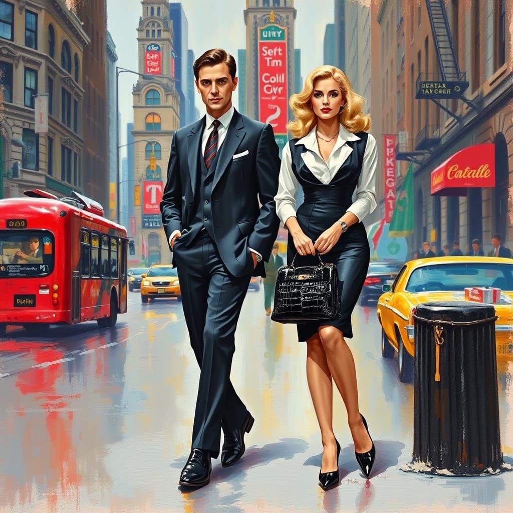 Elegant Couple in 1950s New York: Impressionistic Oil Painti...