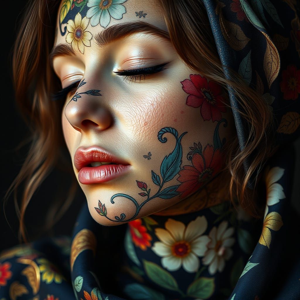 Psychedelic Floral Face Portrait in Chiaroscuro