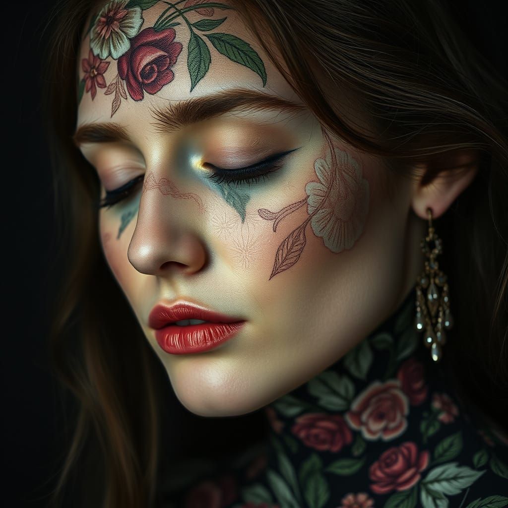 Psychedelic Floral Face Portrait with Chiaroscuro Lighting