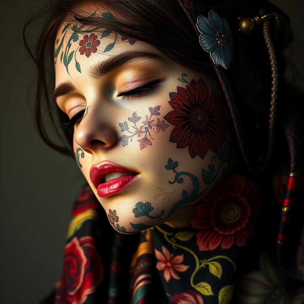 Psychedelic Floral Portrait with Chiaroscuro Lighting
