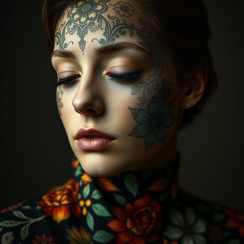 Psychedelic Floral Face Portrait with Chiaroscuro Lighting