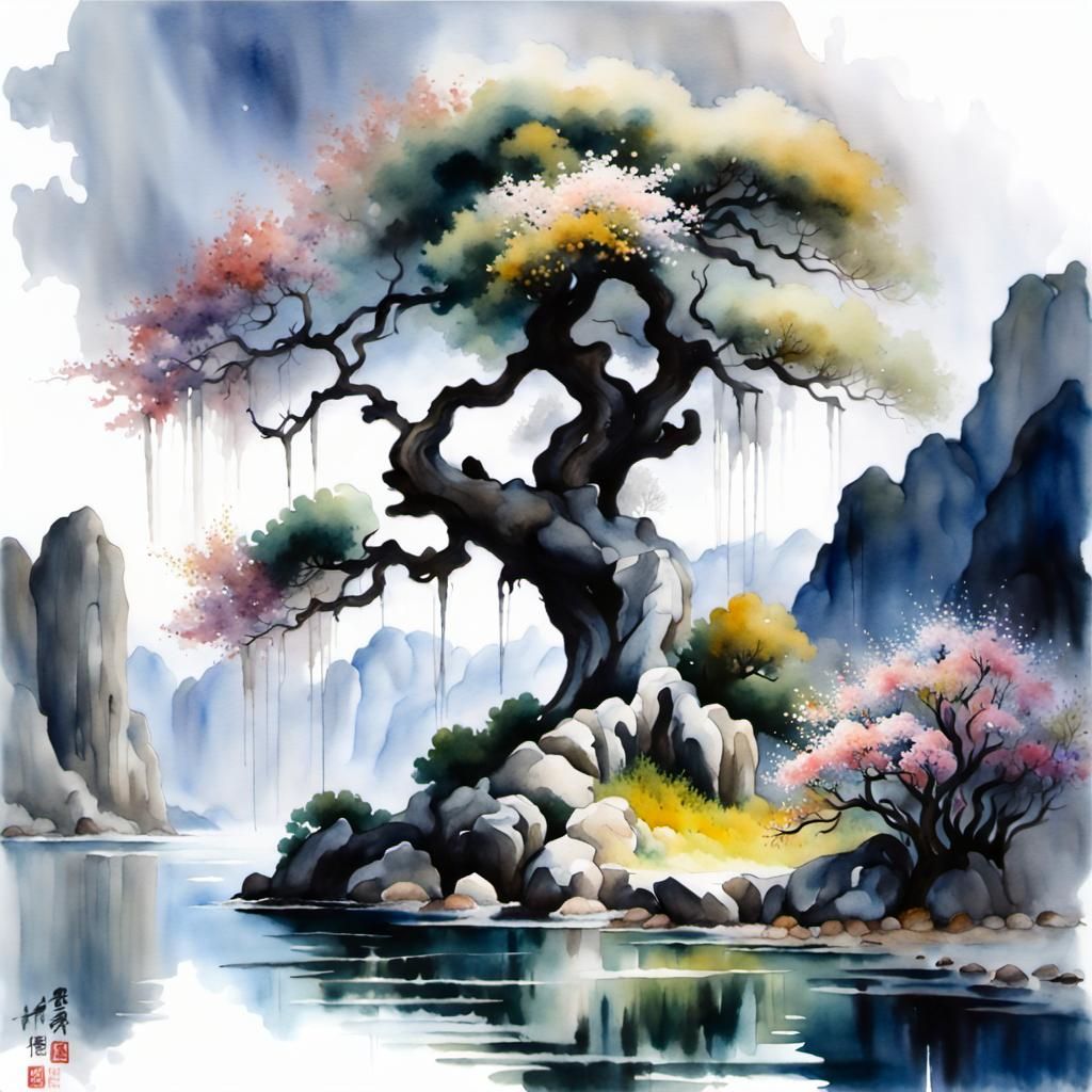 Enchanted Elven Tree Watercolor Landscape