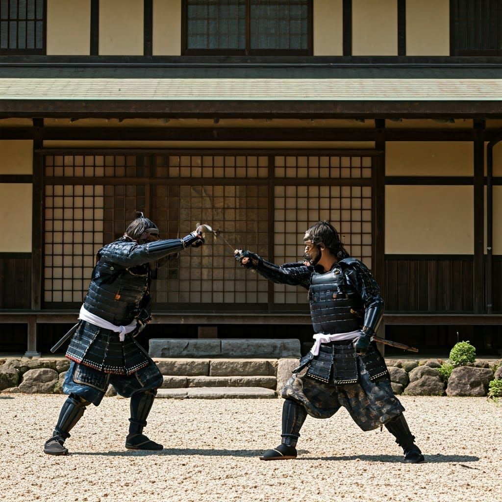 Armored Samurai Duel Before Manor House