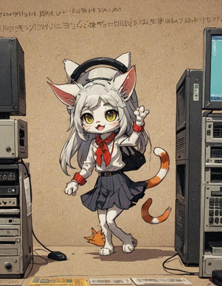 Anime Cat Girl in Computer, Cel-Shaded Style