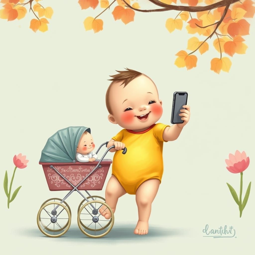 Baby Pushing Pram in Beatrix Potter Style