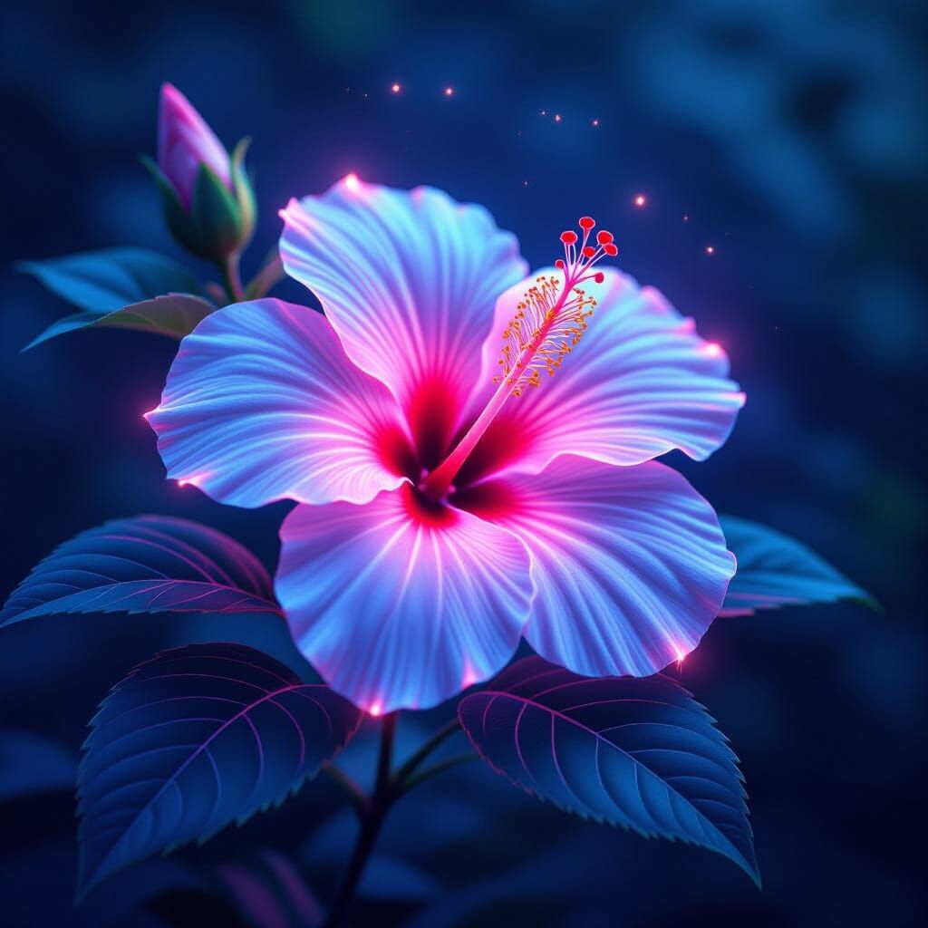 Bioluminescent Hibiscus in a Sci-Fi Landscape