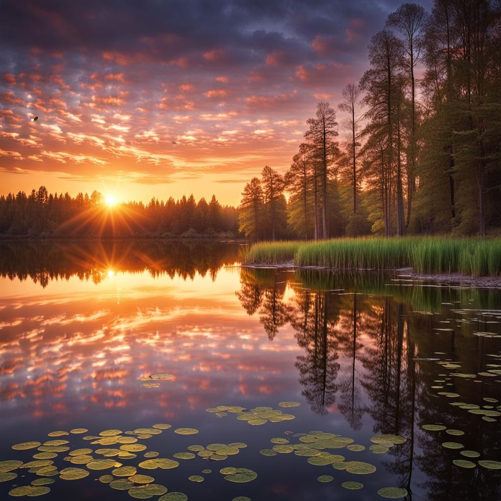 Magical Sunrise Over Serene Lake: High Resolution