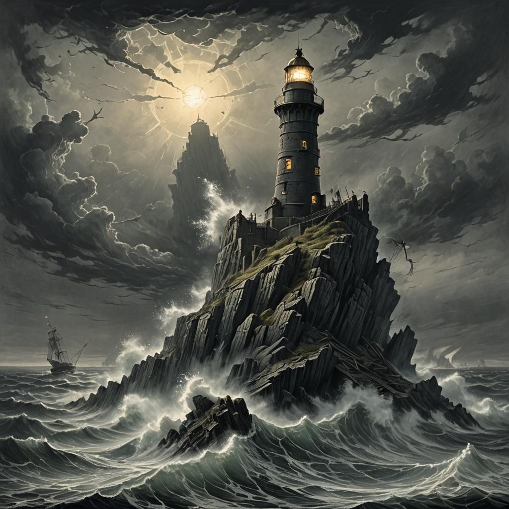 Eerie Lighthouse on Stormy Sea: A Dark Vision