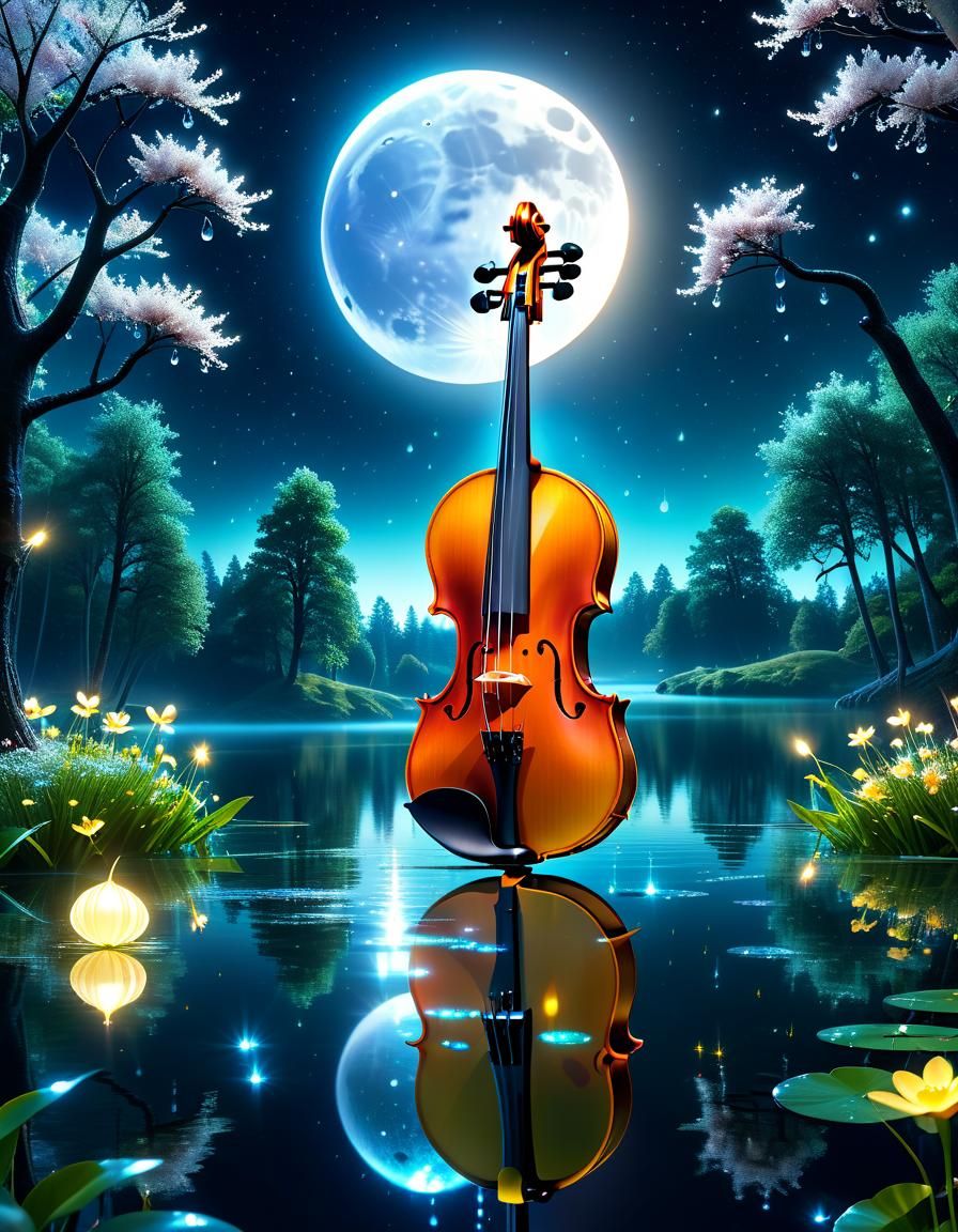 Glowing Violin on Lake Under Giant Moon