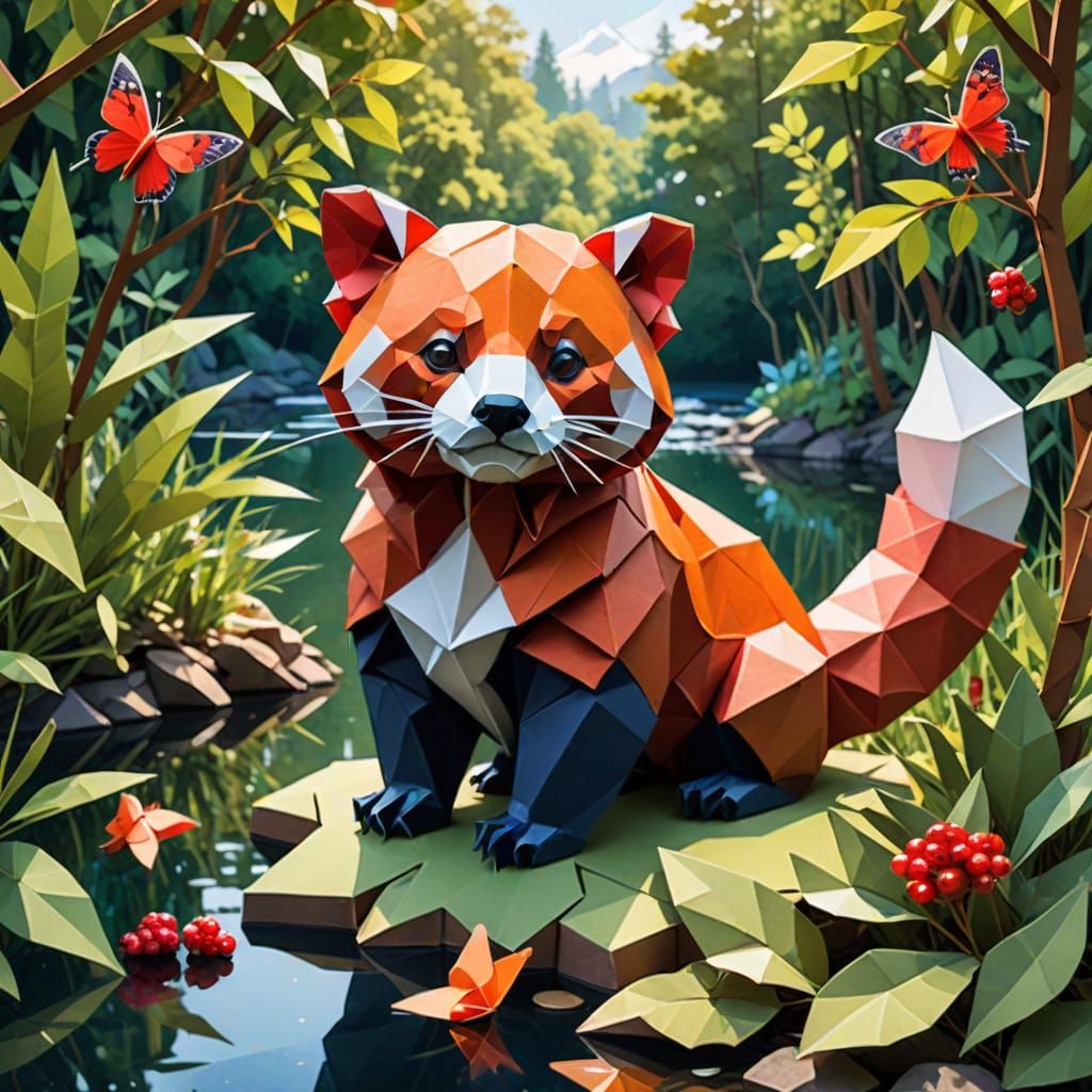 Origami Red Panda by Lake in Warm Sunlight